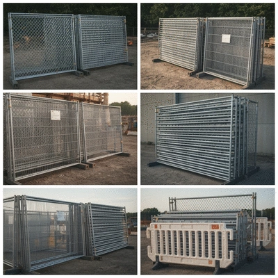 Different types of temporary fencing panels on a job site, no text, no words, no typography