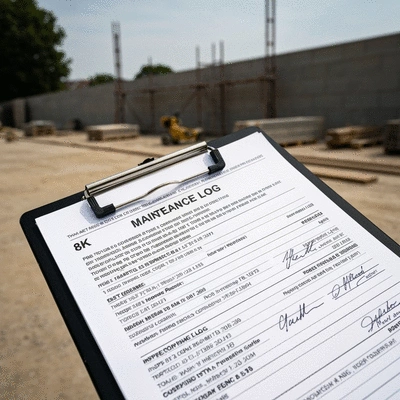 Close-up of a clipboard with a maintenance log for temporary fencing