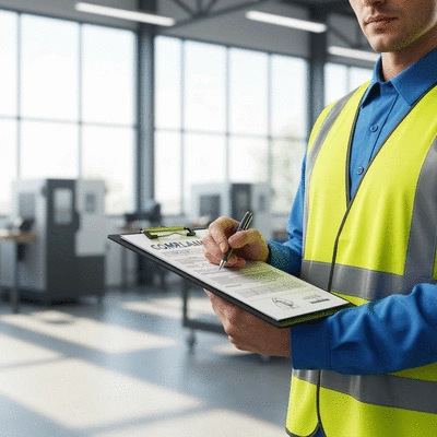 Professional holding a clipboard with compliance documentation, with temporary fencing in the blurry background