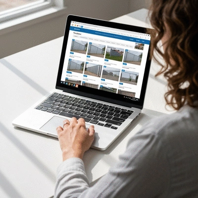 Person comparing temporary fencing options on a laptop, showing multiple supplier websites