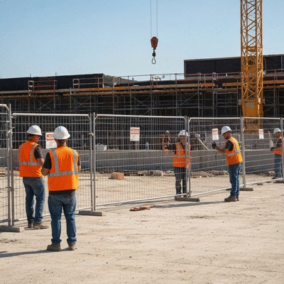 Professional installers setting up temporary fencing on a construction site, ensuring safety and compliance