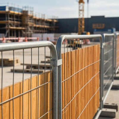 Detailed close-up of temporary fencing accessories like security gates and privacy slats, with a construction site in the background, no text, no words, no typography, 8K