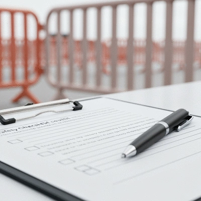 A safety checklist on a clipboard with a pen, with temporary fencing in the blurred background