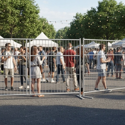 Temporary fencing securing an outdoor event, with people safely enjoying the area