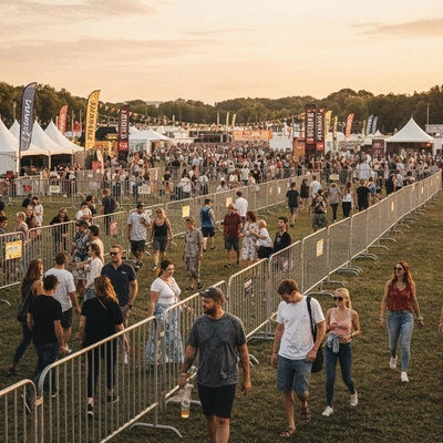 An outdoor festival with professionally installed temporary fencing managing crowd control effectively