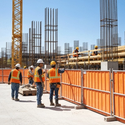 Temporary fencing securing a construction site with workers in safety gear