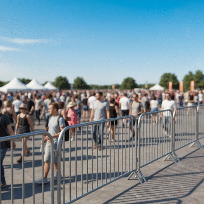Temporary fencing securing a large outdoor event, with a crowd of people in the background, clear sunny day, no text, no words, no typography, 8K