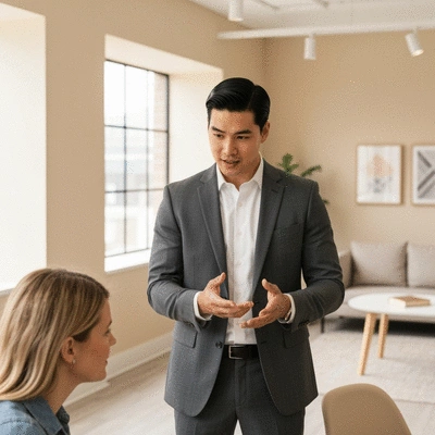 Professional customer service representative discussing temporary fencing options with a client in a modern office setting