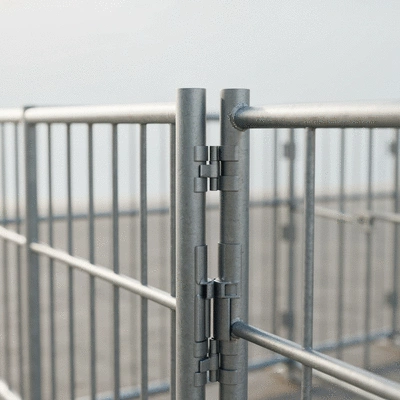 Close-up of a modular temporary fencing system, showing its sturdy construction and interlocking design, clean background, no text, no words, no typography, 8K