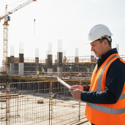 Site manager reviewing temporary fencing plans on a tablet, with a construction site in the background, no text, no words, no typography, 8K, natural lighting