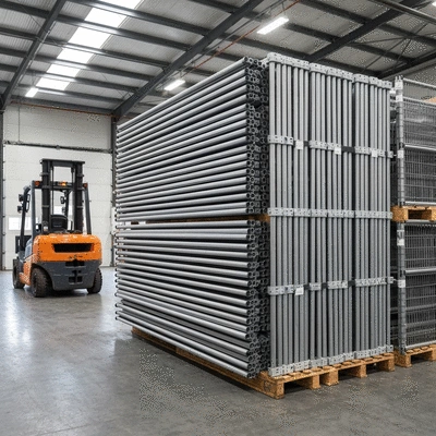 Modern temporary fencing panels stacked at a supplier's warehouse, clean and organized, with a forklift in the background