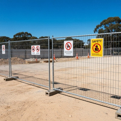 Temporary fencing enclosing a construction site, ensuring safety and security