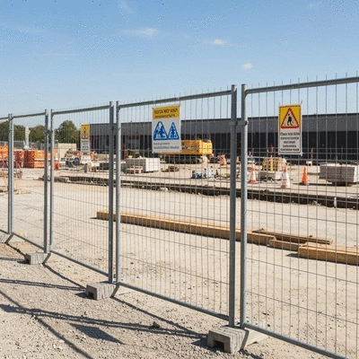 Temporary fencing installation on a construction site with safety signs